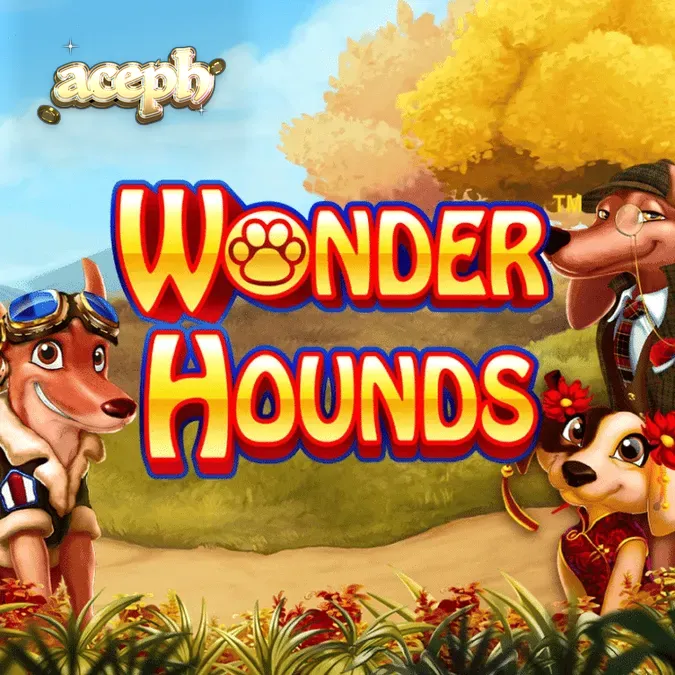 Isang makulay na screen ng Wonder Hounds slot na nagpapakita ng mga aso at reels.
